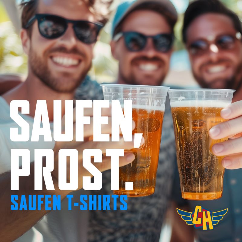 Drei Freunde mit Bierbechern, die fröhlich anstoßen – Sauf-T-Shirts mit Sprüchen & Humor für Partys & JGAs von Couchhelden. Lustige Trinker-Shirts für jede Feier!