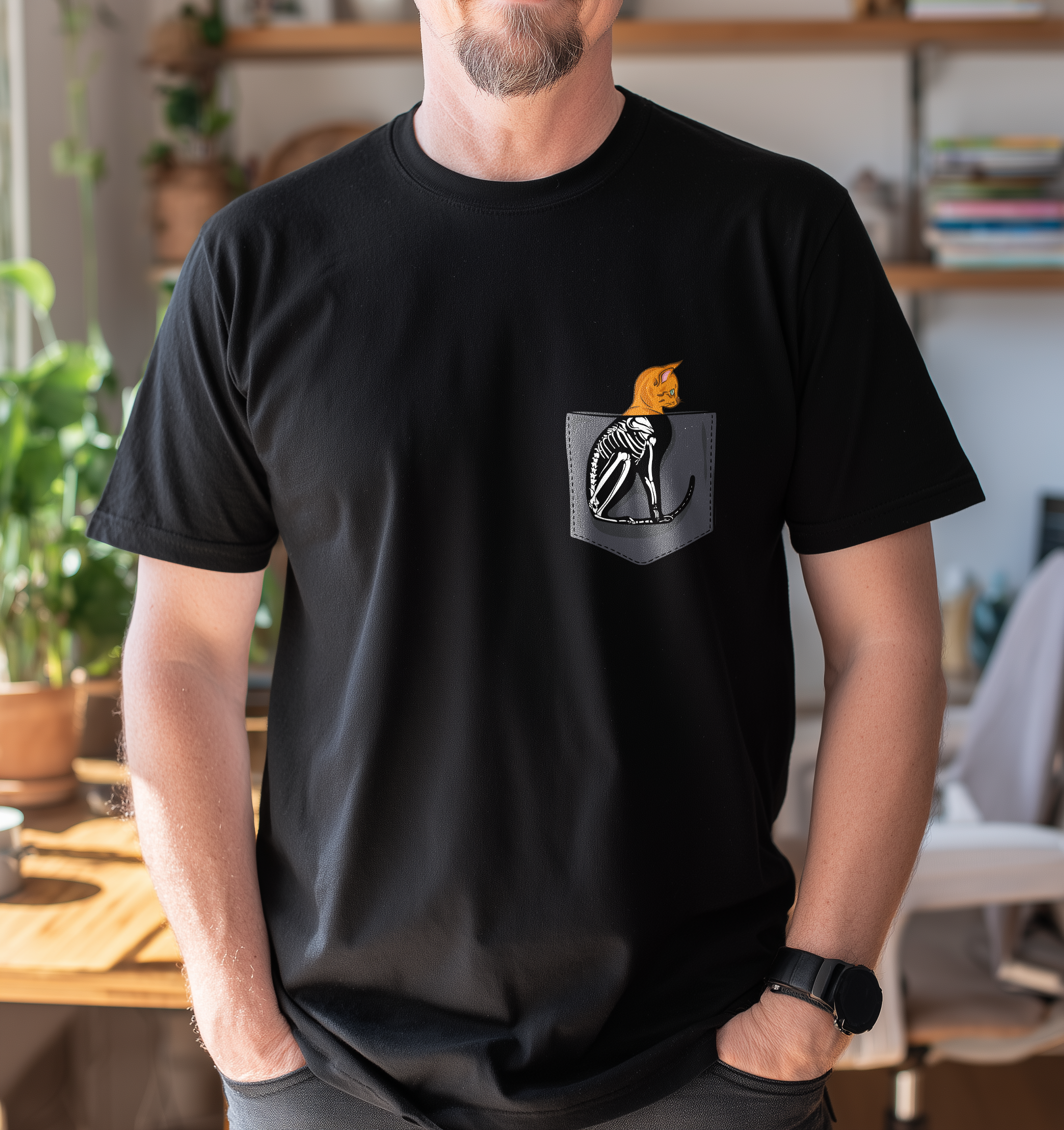 T-Shirt Cat Skeleton Pocket
